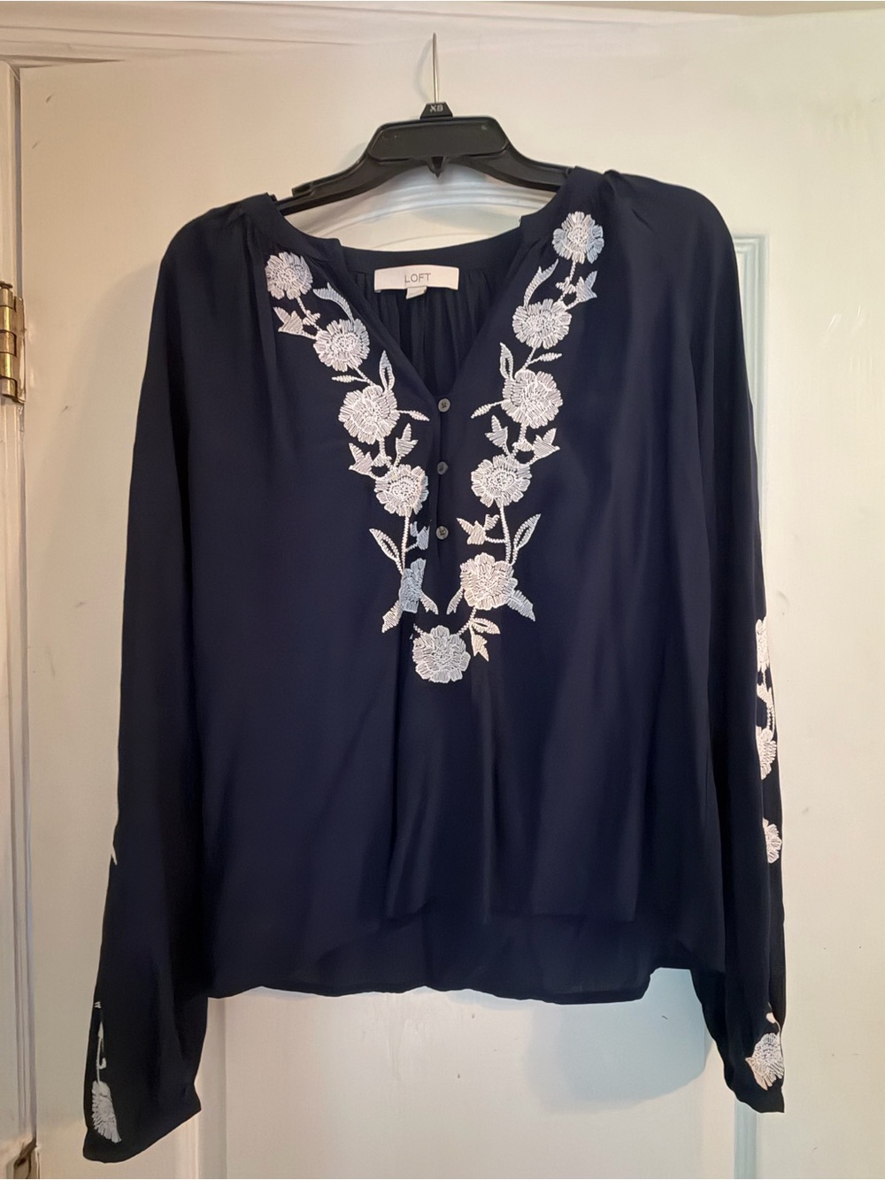 LOFT Navy Blouse with White Floral Embroidery
